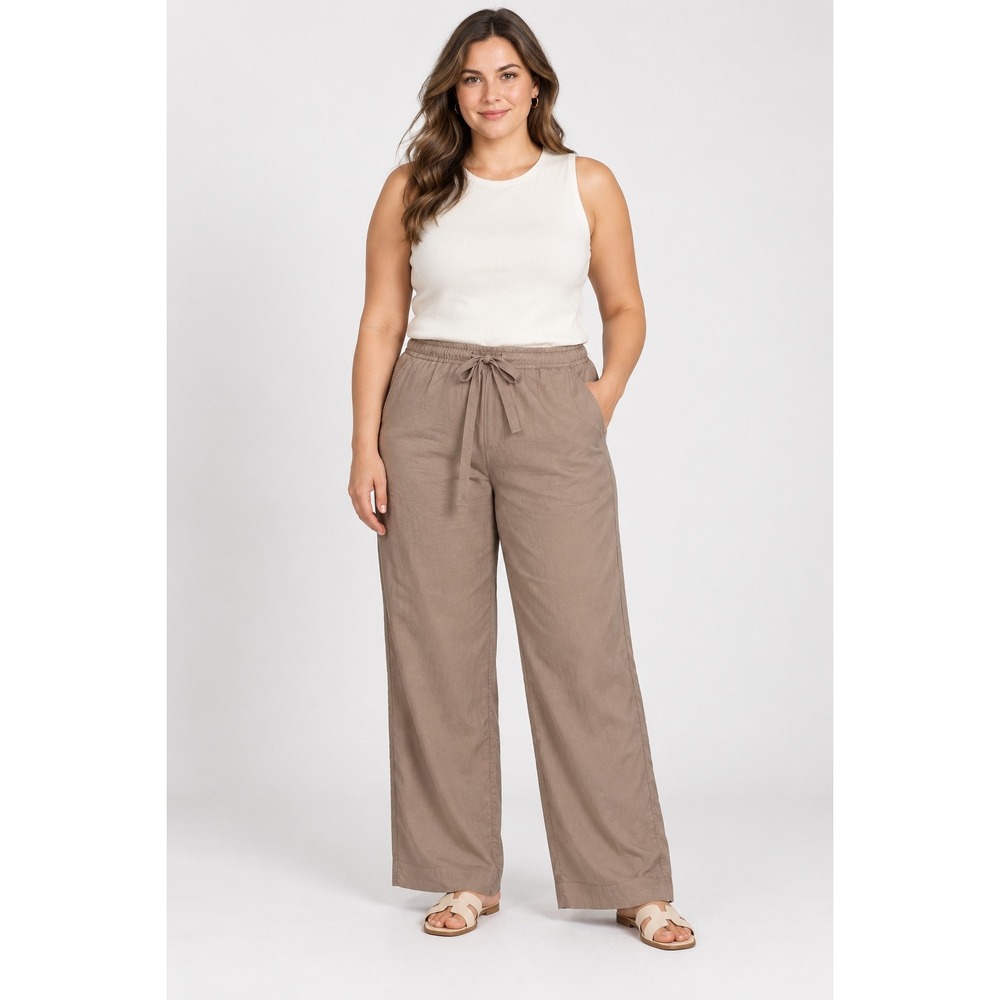 Nicole Miller New York Tan Wide Leg Pants L Minimalist Quiet Luxury Boho Lyocell
